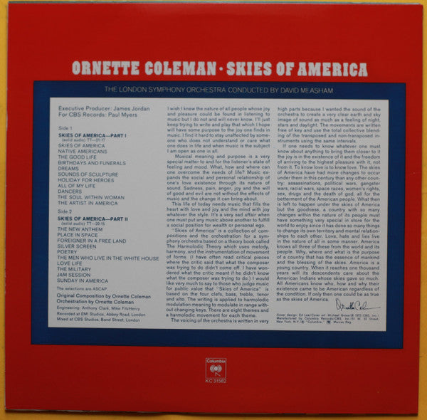 Ornette Coleman, London Symphony Orchestra  Conducted By  David Measham : Skies Of America (LP, Album, RE)