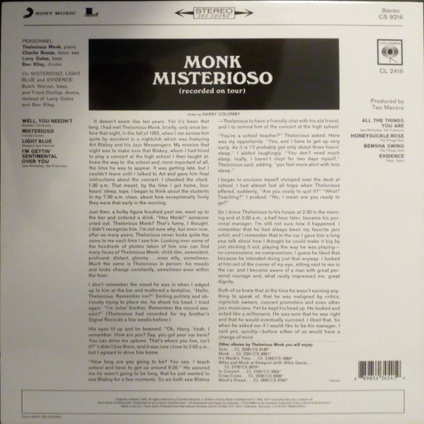 Thelonious Monk : Misterioso (Recorded On Tour) (LP, RE)