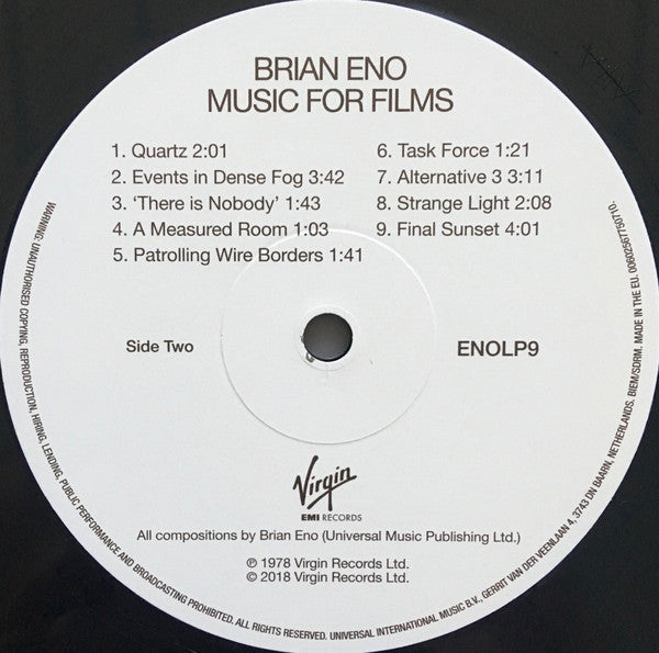 Brian Eno : Music For Films (LP, Album, RE, RM, 180)