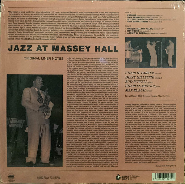 Charlie Parker Featuring Dizzy Gillespie, Bud Powell, Charles Mingus, Max Roach : Jazz At Massey Hall (LP, Album, Ltd, RE, RM, Yel)