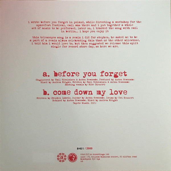 Brian Jonestown Massacre* Vs The Telescopes : Before You Forget / Come Down My Love (10", RSD, Single, Num, Red)