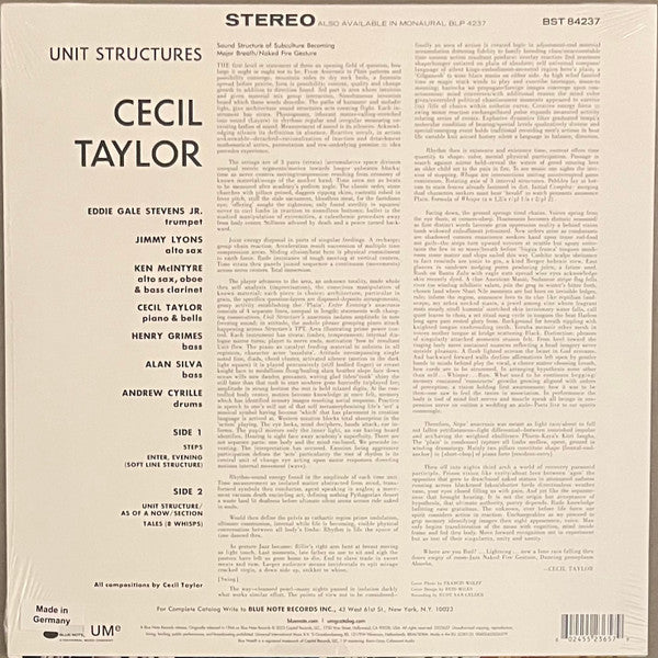 Cecil Taylor : Unit Structures (LP, Album, RE, 180)