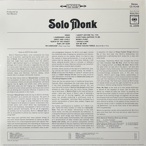 Thelonious Monk : Solo Monk (LP, Album, RE, 180)