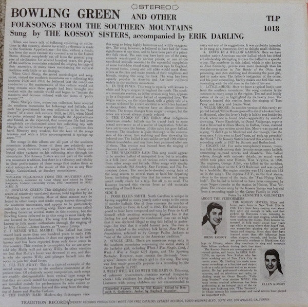 The Kossoy Sisters With Additional Banjo And Guitar Accompaniments By Erik Darling : Bowling Green And Other Folk Songs From The Southern Mountains (LP, Album, RE, Ora)