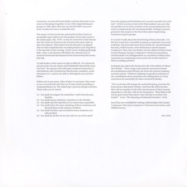Evan Parker, Derek Bailey, Han Bennink : The Topography Of The Lungs (LP, RE)