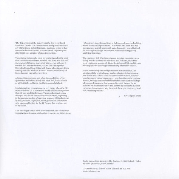 Evan Parker, Derek Bailey, Han Bennink : The Topography Of The Lungs (LP, RE)